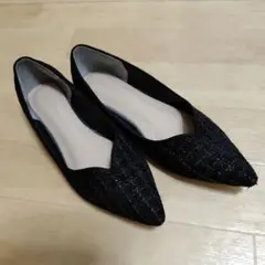 黒ツイードポインテッドトゥ フラットシューズ