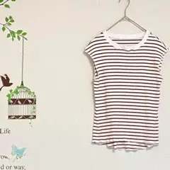 ティティベイト/ ボーダーリブノースリーブシャツ 赤白 クルーネック 前後差裾
