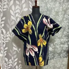 浴衣リメイク 浴衣反物 Vネック カフタン ブラウス 紺 菖蒲 黄花白花15