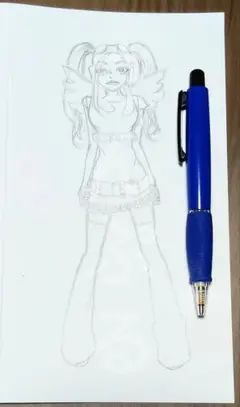 スチームパンク 女子 イラスト 鉛筆画 スケッチ 8×18cm 手描き ツインテ