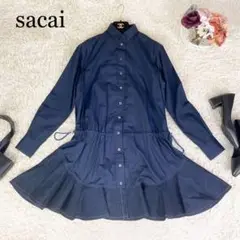 稀少❁sacai❁異素材 シャツワンピース デニム コットン ウエストギャザー