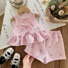 SHEIN ベビー 女の子 セットアップ ノースリーブ リボン ピンク ボーダー