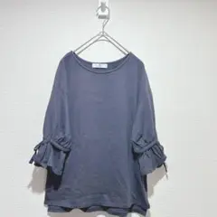 【サニーレーベル】ダークグレー フリル五分袖Tシャツ　コットン100%