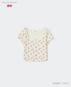 UNIQLO 花柄 半袖Tシャツ ポインテールスクエアネック L WHITE