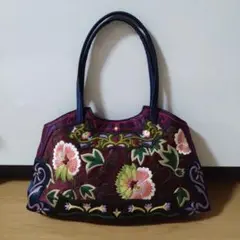花柄刺繍 紫色 ハンドバッグ