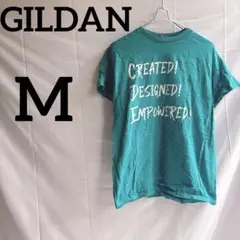 美品⭐️GILDAN 【M】ターコイズ Tシャツ メッセージプリント　男女兼用