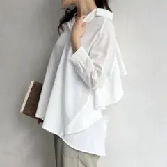 chez toi BACKフリルリネンタッチスキッパーシャツ 白シェトワ シャツ