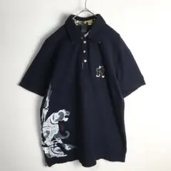 【半袖ポロシャツ】刺繍 プリントデザイン 和風 和柄 L 紺 黒 メンズ 黒