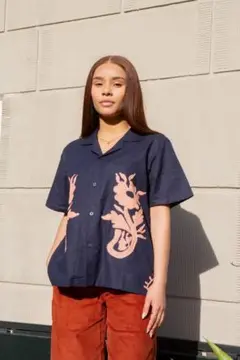SANJE 刺繍 ネイビー 半袖シャツ