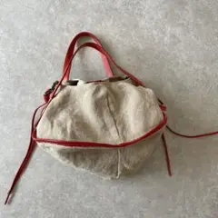 美品 本革 ×麻 パイピング ユニークな丸いバッグ ハンドバッグ