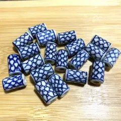 陶器ビーズ とんぼ玉 菱形格子 青絵 染付 シノワズリ 約18mm 20個 m6