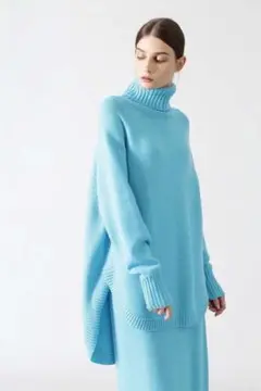 アドーア カシミヤ ハイネック ニット ロング ブルー