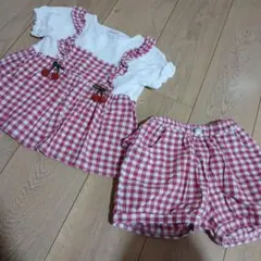 赤と白のチェック柄ベビー服セット 100