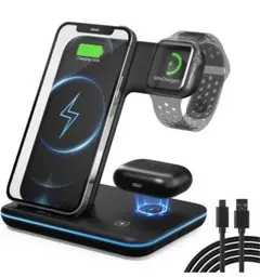 3in1 ワイヤレス充電器 Qi認証 15W出力 急速充電ワイヤレスチャージャー
