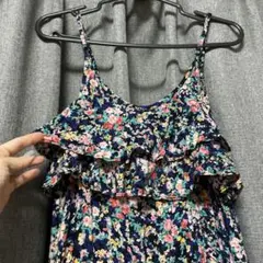 海やリゾート！フリル コンビネゾン パンツ 紺色花柄 ロンパース ウェスト調整紐