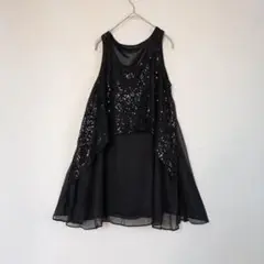 シアータンクトップ　スパンコール　シフォン チュニック　黒　M　キラキラ フレア