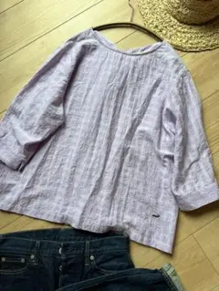 オススメ　クロコダイル　チェック　ブラウス　パープル　ナチュラル