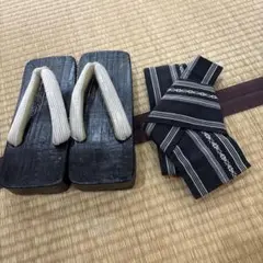 黒い木製下駄と 黒　ワンタッチ帯セット