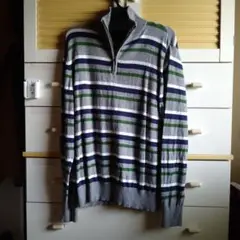 メンズ ニット ハーフジップ グレー ストライプ