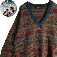 【V古着】ビンテージ ニット 総柄 デザイン ピーコックブルー オレンジ レア