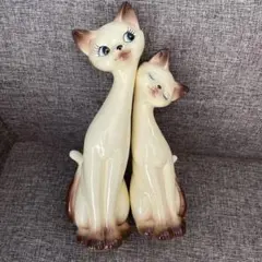 新品未使用　昭和レトロ 陶器 猫の置物 シャムネコ ペア
