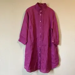 【美品】麻100%リネンワンピース ピンタックワンピース スタンドカラー