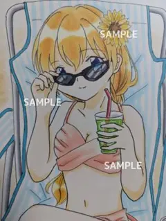 No.62 手描きイラスト「バカンス」女の子 水着 サングラス 海 オリジナル