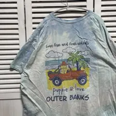 アニマル Tシャツ 古着 水色 犬 ドッグ ビーチ バックプリント タイダイ