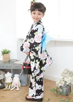 小町kids 浴衣・兵児帯セット（黒 朝顔と桜 兵児帯 水色） 麻葉100サイズ