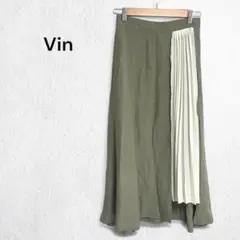 ヴァン ロングスカート リネン混 プリーツ切替 ミモレ丈 フレア ポケット 上品