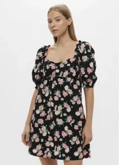 H&M DIVIDED フラワープリント パフスリーブドレス S