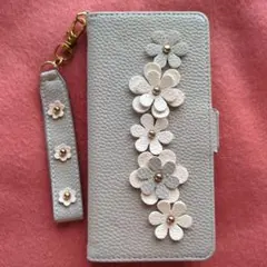 グレー 花モチーフ Androidケース カードポケット付き