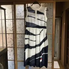 80'sレトロ婦人服/海とヨット柄ノースリーブワンピース/9号M