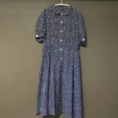 レトロ　ネイビー ドット柄 半袖ワンピース 美品 送料込