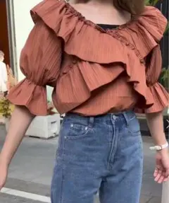 2wayクロスラッフルブラウス オレンジ フリルブラウス サイズF GRL