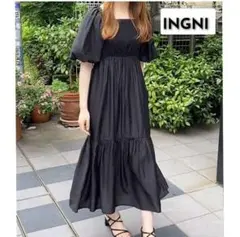 INGNI ロングワンピース ティアード パフスリーブ バッグリボン M 黒