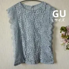 美品GUのブルー花柄総レース トップス　ノースリーブ Ｌサイズ