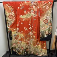 【K271】正絹 着物 振袖 梅 扇子文様 思色基調