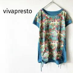Z【vivapresto】半袖Tシャツ 花柄 切替デザイン 裾リボン 綿100％