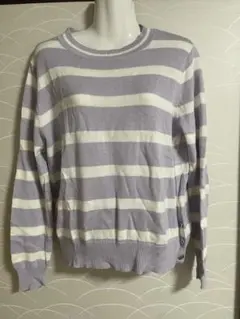 ラベンダー ホワイト ストライプ ニット XL
