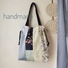 ハンドメイド✳✳パッチワーク　巾着バッグ　ブルー　花柄