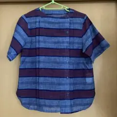 ミセス　シニア　青と赤のストライプ 半袖シャツ