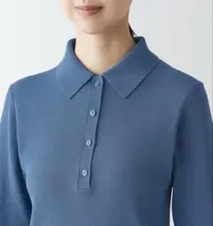 MUJI ＵＶカットリブ編み五分袖ポロセーター　婦人　Sサイズ　スモーキーブルー