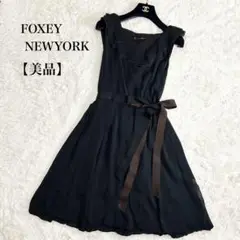 美品✨フォクシー シアーワンピース ひざ丈 ウエストリボン フリル ノースリーブ