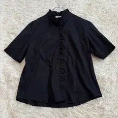 m1173 美品✨AngelicCフリルカラー半袖ブラウス L 黒 コットン混