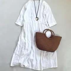 訳アリ　スタディオクリップ　麻　カシュクール　ワンピース　白