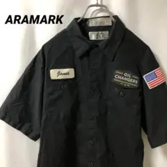 N-4746 ARAMARK アメリカ古着 ワークシャツ 半袖 星条旗 刺繍 M