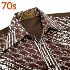 【70s】ビンテージ デカ襟 ディスコ・シャツ ブラウン 切替 超希少！