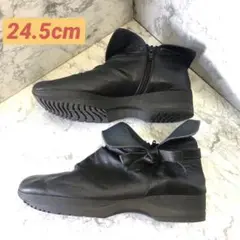 SPORTS NINE サイドジップ ブーツ リボン 黒 24.5 cmレザー