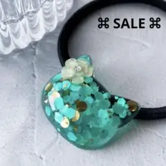 涼しげ ⌘ ミントグリーン 猫モチーフ ねこ レジン ヘアゴム お花 夏